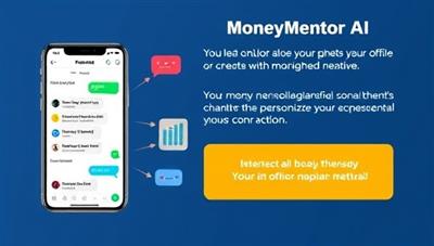 An engaging graphic showing a smartphone screen displaying the chatbot interface, with various financial planning options and colorful chat bubbles, inviting users to interact with MoneyMentorAI for personalized advice.