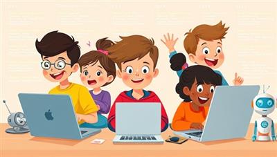 An animated illustration of diverse children enthusiastically engaging in coding activities on laptops and tablets, surrounded by colorful code snippets and digital robots, conveying the excitement and creativity of learning to code at a young age in a playful and educational environment.
