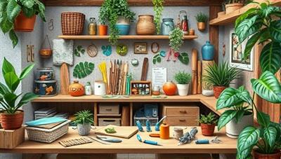 An artistic representation of a colorful craft workspace filled with recycled materials, tools, and finished eco-friendly projects, surrounded by green plants and natural elements, evoking a sense of creativity and sustainability.