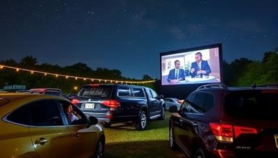 An outdoor setting with cars parked in front of a large screen showing a classic movie, families enjoying snacks and beverages from their vehicles, under a starry night sky, capturing the magical ambiance of Pop-Up Drive-In Theaters.