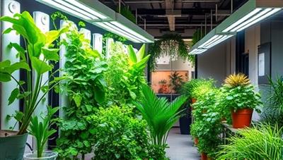 An innovative indoor space design featuring a vertical farming setup with a variety of leafy greens, herbs, and vegetables thriving under specialized grow lights, showcasing the efficiency and aesthetics of indoor vertical farming solutions in a modern urban environment.
