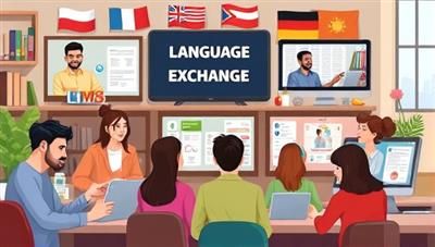 A diverse digital illustration showcasing an online language exchange community with users conversing in different languages, cultural symbols and flags in the background, language learning resources displayed on digital screens, and a welcoming and inclusive atmosphere for language practice and cultural exchange.