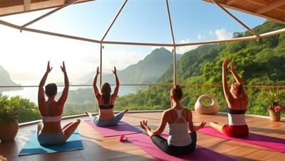 A serene virtual retreat setting with participants engaging in yoga poses and meditation exercises, surrounded by tranquil nature scenes and calming music, encapsulating the peaceful and rejuvenating atmosphere of Zen Haven Escapes.