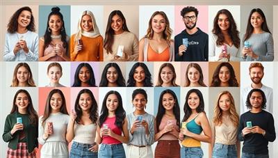 An array of virtual influencer avatars representing diverse styles and personas, each posing with branded products or engaging in virtual interactions, illustrating the versatility and creativity of VirtuaTrend Agency's virtual influencer marketing services.
