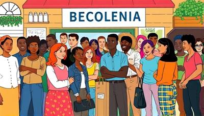 A vibrant and inclusive illustration showcasing a diverse group of people from the community coming together to support a local business, with the slogan 