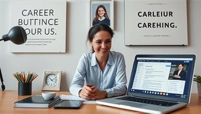 A virtual career coaching session in progress, featuring a professional coach providing guidance and support to a client via video call, surrounded by career development resources, inspirational quotes, and a laptop displaying career planning tools, conveying professionalism and mentorship in a remote setting.