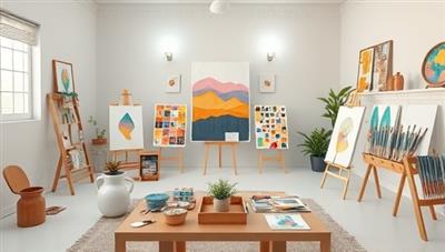 A calming virtual art therapy session with participants creating expressive artwork in a tranquil and inviting virtual studio space, surrounded by soothing colors and art supplies, fostering a sense of relaxation and creativity.