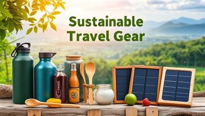 A vibrant and colorful image showcasing a variety of sustainable travel gear items such as reusable water bottles, bamboo utensils, and compact solar panels against a backdrop of lush greenery and serene landscapes, highlighting the eco-friendly essence of the business.