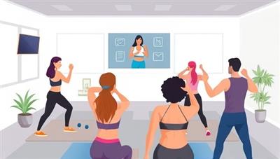 A digital illustration of a virtual fitness coaching session on the FitFusion Coach platform, featuring a diverse group of individuals participating in a workout class led by a virtual coach, engaging in exercises and receiving real-time feedback on their form and progress, highlighting the interactive and personalized nature of the virtual fitness experience.