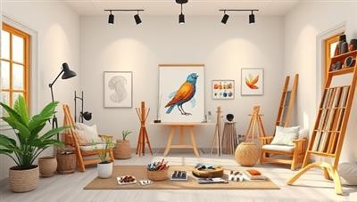 A serene virtual art studio environment with calming colors, art supplies, and a peaceful atmosphere conducive to creativity and emotional expression, inviting participants to explore the therapeutic benefits of art therapy.