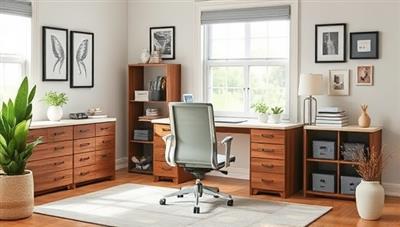 A beautifully designed home office setup featuring a customized desk, ergonomic chair, personalized decor, and natural lighting, creating a harmonious and productive workspace that blends style and functionality.