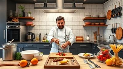 A virtual gourmet kitchen setup with professional cooking equipment, fresh ingredients, and culinary tools, featuring a celebrity chef guiding a cooking masterclass on a signature dish, inspiring culinary creativity and gourmet exploration.