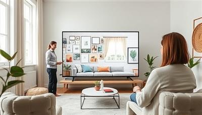 A virtual interior design consultation session with a designer presenting mood boards, color swatches, and room layout suggestions on-screen, collaborating with a client to visualize design concepts and create a harmonious living space in a digital studio setting.