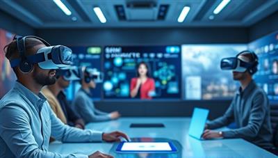 An image of users wearing VR headsets engaging in a virtual meeting room environment, interacting with avatars and digital interfaces, showcasing the immersive and futuristic communication experience of Telecommunications Virtual Reality Experience.
