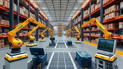 A virtual training environment depicting a warehouse setting with robotic arms, automated conveyors, and inventory drones in operation, accompanied by digital training modules, simulation controls, and robotic programming interfaces, creating an immersive learning experience in warehouse robotics.
