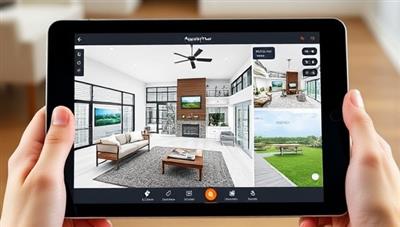 An engaging AR property tour experience displayed on a tablet, showing a virtual walkthrough of a modern home with interactive features like room customization, furniture placement, and outdoor landscaping options, highlighting the immersive and interactive nature of ARchive Tours.
