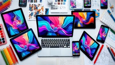 An artistic and vibrant digital art collection displayed on various digital devices such as tablets, laptops, and smartphones, surrounded by creative workspace elements like pencils, color palettes, and design sketches, inspiring creativity and imagination.