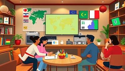 An interactive virtual language exchange cafe setting with diverse avatars conversing in different languages, cultural decorations, and language learning resources displayed on digital screens, creating a dynamic and inclusive language learning environment in a digital space.