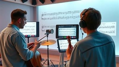 An immersive virtual music lesson scene featuring a music instructor teaching a student how to play an instrument through a video call, showcasing musical notes, instrument techniques, and a digital music sheet display, creating a dynamic and interactive music learning experience in a virtual studio setting.