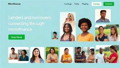 An inclusive platform design featuring diverse profiles of lenders and borrowers connecting through microfinance, with images of small business ventures, community projects, and financial empowerment initiatives, symbolizing the collective impact of microfinance lending.