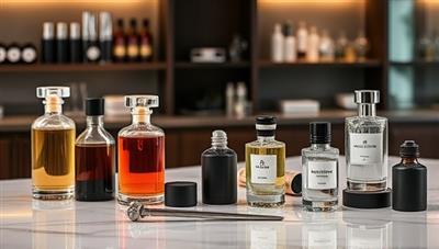 A sophisticated fragrance studio setting with elegant glass bottles, aromatic essential oils, and blending tools displayed on a sleek marble countertop, exuding a sense of luxury and craftsmanship in the art of bespoke perfumery.