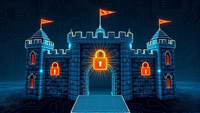 A digital fortress symbolizing data security, with intricate locks, shields, and firewalls protecting sensitive information, conveying a sense of trust and protection in the digital realm.
