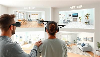 An imaginative digital visualization of a virtual home renovation consultation session, featuring a homeowner exploring different design options and layout plans in a virtual reality environment, with before-and-after images of renovated spaces, inspiring a sense of home transformation and creativity.