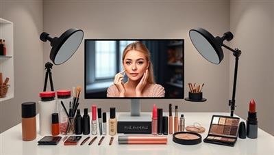 A digital classroom setup with a beauty instructor demonstrating makeup techniques on a virtual platform, surrounded by cosmetic products and beauty tools, creating an interactive and educational beauty workshop environment.