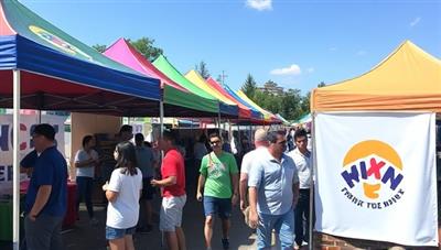 An outdoor event scene with colorful tents, happy attendees, and a banner with the logo 