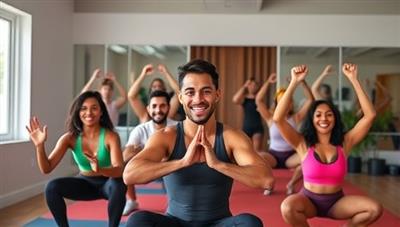 A vibrant virtual workout session with a professional trainer guiding a group of diverse individuals through energizing exercises via a video call, showcasing inclusivity and active engagement.