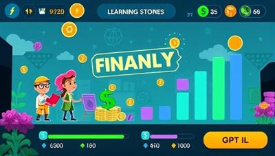 An exciting game interface with colorful graphics, avatars representing financial concepts, and progress bars tracking users' financial literacy levels, creating a visually stimulating and engaging learning environment within the app.