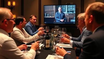 A sophisticated virtual wine tasting setup with participants savoring various wine samples while engaging in discussions with a sommelier on screen, creating a refined and educational atmosphere at a VinoVista tasting event.