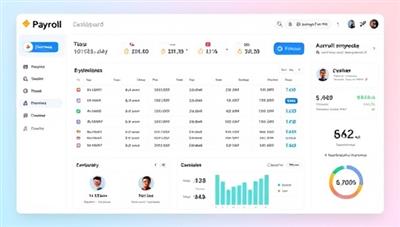 An engaging visual of a digital payroll dashboard displaying employee profiles, payment schedules, and tax calculations, with automated processing icons and efficiency metrics, symbolizing the seamless and accurate payroll management facilitated by PayrollPro's platform.