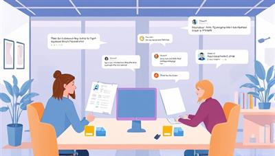 An illustration of a virtual office space with team members engaging in real-time chat discussions, sharing files, and assigning tasks using SmartTeam Chat, showcasing a dynamic and collaborative work environment supported by the platform's features and capabilities.