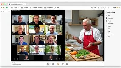 An online event screen displaying a virtual cooking class with participants actively engaged, ingredients neatly arranged, and a chef giving instructions, capturing the essence of community and learning.