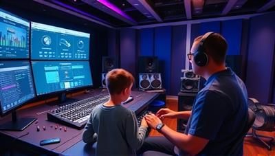 An immersive virtual studio environment with a music producer guiding a student through the process of mixing tracks, adjusting audio levels, and adding effects, capturing the creative and collaborative essence of learning at BeatForge Studio.