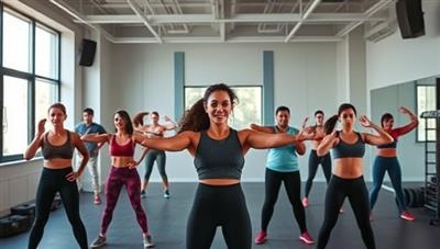 A dynamic virtual fitness studio environment with diverse individuals participating in a high-energy workout class led by a virtual trainer, showcasing the interactive and motivational atmosphere of FitTribe's digital fitness community.