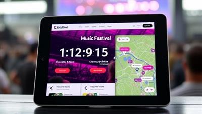 An image of a tablet displaying a dynamic microsite for a music festival, featuring a countdown timer, ticket purchase button, and interactive map, highlighting the immersive experience offered by the microsite design service.