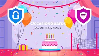 A vibrant illustration of a festive event setting with balloons, confetti, and a celebration cake, surrounded by protective insurance icons like a shield and a safety net, symbolizing the security and assurance provided by OccasionGuard's event insurance coverage.