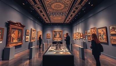 An immersive digital art gallery setting with virtual tour guides showcasing intricate artworks, interactive displays, and cultural artifacts, creating a captivating and educational visual experience.