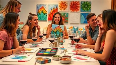 A group of friends laughing and creating colorful artworks at a table filled with craft supplies, paint palettes, and glasses of wine, showcasing a fun and creative DIY workshop setting that encourages socialization and artistic expression.