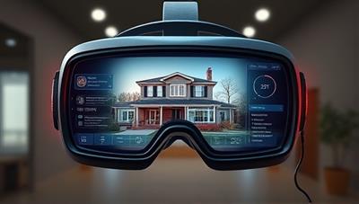 An imaginative visual of a VR headset displaying a virtual property inspection scene, with detailed property features and risk assessment data overlaid, illustrating the immersive and futuristic approach of VRInsure in property insurance assessments.