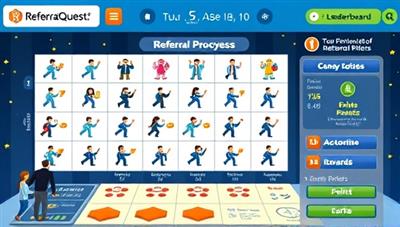 An interactive game board featuring employee avatars moving through stages of the referral process, earning points and rewards for successful referrals, with a leaderboard displaying top performers and a celebratory atmosphere, capturing the essence of ReferralQuest's gamified employee referral system.