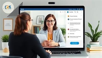 An online coaching session interface with a career coach providing guidance and support to a professional, surrounded by career development resources and tools, illustrating a personalized and empowering career coaching experience.