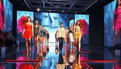 A dynamic virtual fashion show scene with models strutting down a digital runway, showcasing diverse styles and collections, while viewers interact with the designs, shop directly from the screen, and engage with fashion experts on StyleStream, capturing the essence of virtual fashion innovation.