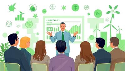 A digital illustration of a virtual sustainability consultant presenting a digital report on sustainable practices to a group of diverse business professionals, surrounded by eco-friendly icons and green energy symbols, conveying a futuristic and environmentally conscious approach to consultancy.