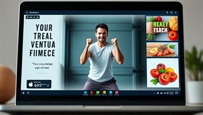 An energetic virtual fitness session displayed on a laptop screen, featuring a coach guiding a user through exercises, with motivational quotes and healthy food images in the background, conveying a sense of vitality and wellness.