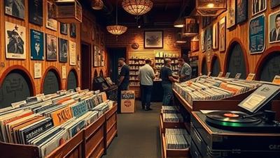 A cozy and retro-inspired record store interior featuring Groove Haven Records' curated vinyl collection displayed in vintage crates, classic album covers adorning the walls, a turntable playing nostalgic tunes, and customers browsing through the eclectic music selection, evoking a sense of musical discovery and nostalgia.