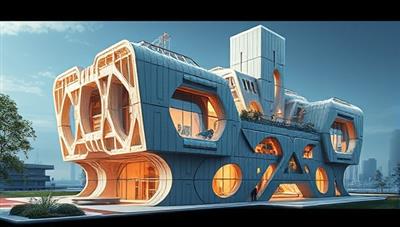An artistic rendering of a futuristic building constructed with 3D printed materials, showcasing the intricate designs and sustainability aspects of using advanced construction technology.