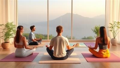 An evocative visual representation of a serene virtual mental wellness retreat setting with participants engaging in meditation, yoga poses, journaling activities, and group discussions, creating a calming and supportive atmosphere that promotes mental healing and emotional resilience in a digital retreat space.